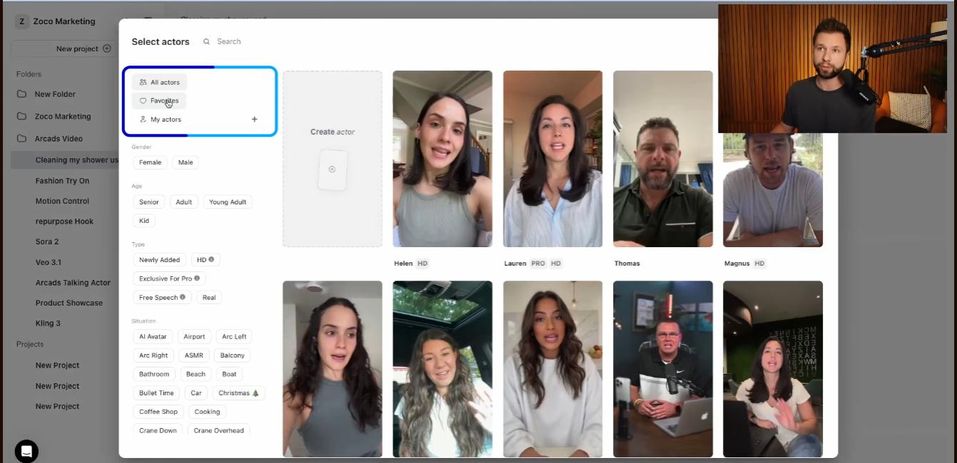 Arcads actor library open with gender, age, actor type, and filming situation filters
