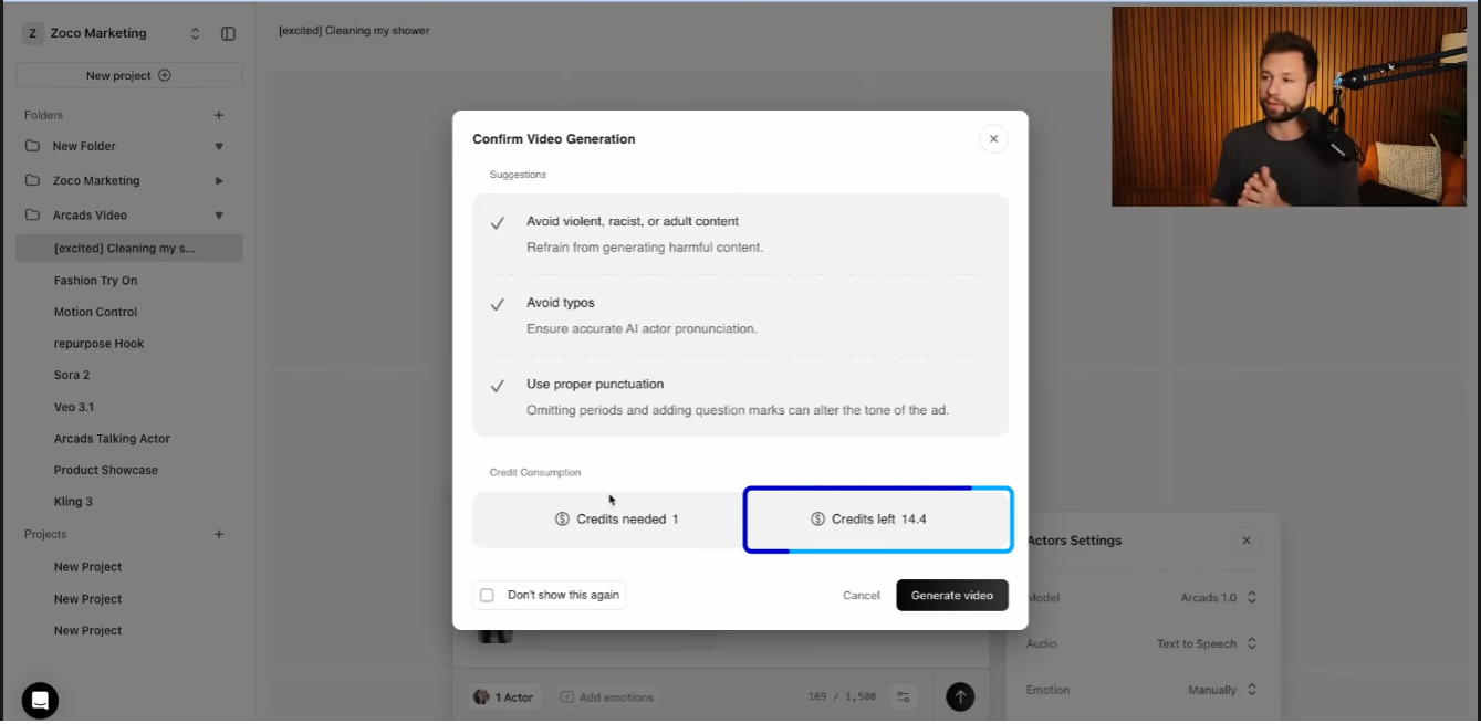 Arcads confirmation dialog showing one credit needed and credits remaining before generation in a creator walkthrough account