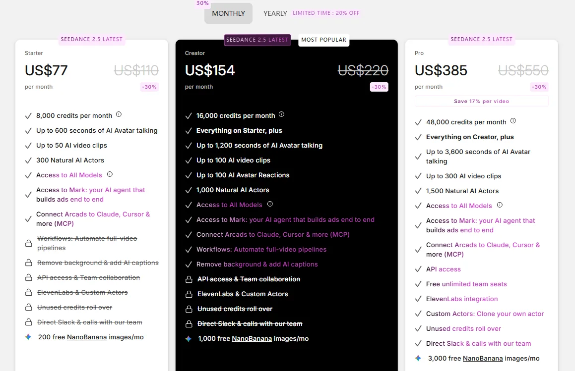 Arcads monthly pricing screen captured after login