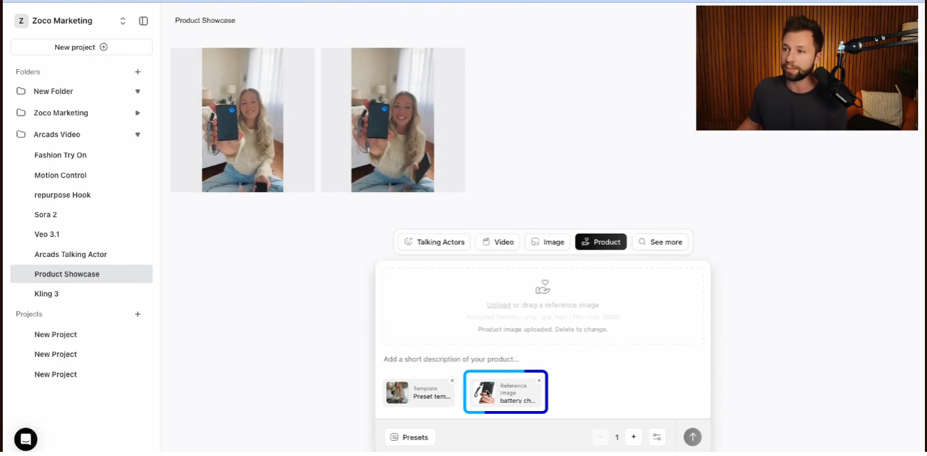 Arcads Product Showcase setup with a template selector and uploaded product reference image